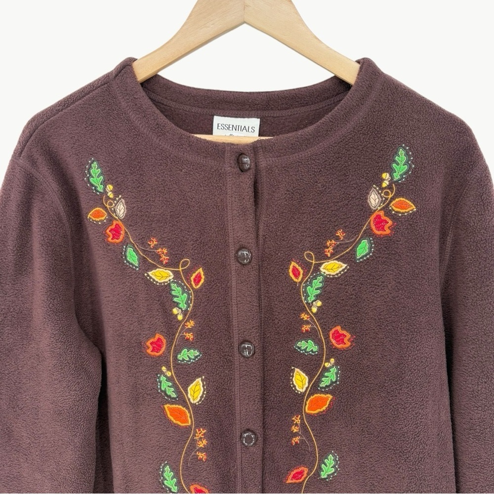 Vintage Maggie Embroidered Fleece Cardigan Size Large Brown 90s Cottagecore - Picture 3 of 9